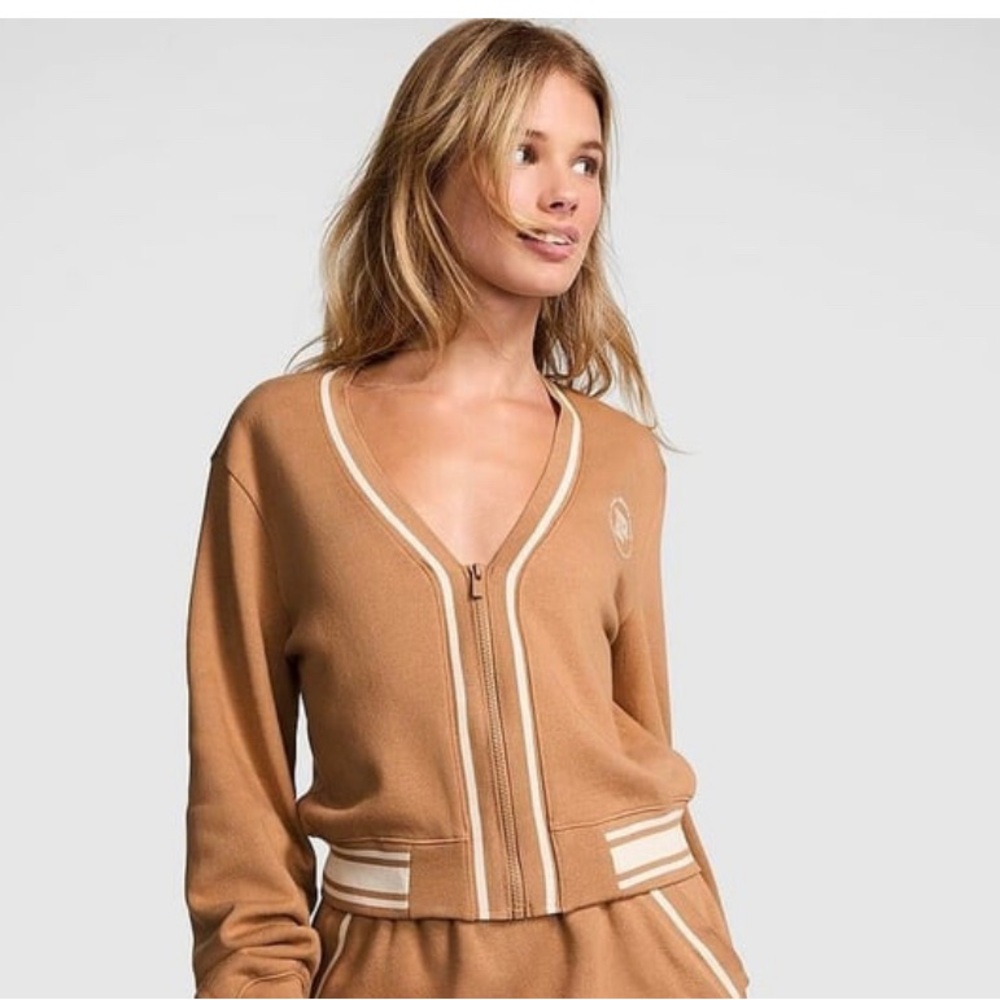 PINK Victoria's Secret Camel Zip Knit Jacket with Cream Trim